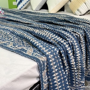 Kantha Bed Cover, Natural Indigo Blue Cotton Throw Quilt, Wooden Block Printed Hand Stitched Bedspread, Indian Kantha Coverlet CKQI#09