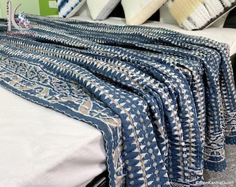 Kantha Bed Cover, Natural Indigo Blue Cotton Throw Quilt, Wooden Block Printed Hand Stitched Bedspread, Indian Kantha Coverlet CKQI#09