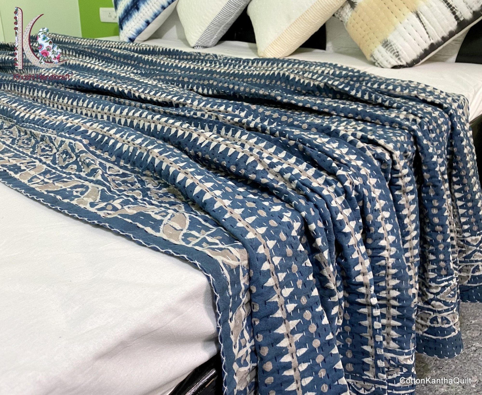 Kantha Bed Cover Natural Indigo Blue Cotton Throw Quilt Etsy