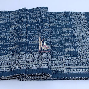 Fish block print kantha quilt, indigo blue cotton kantha blanket, india soft cozy blankets queen Size Quilt CKQ#02