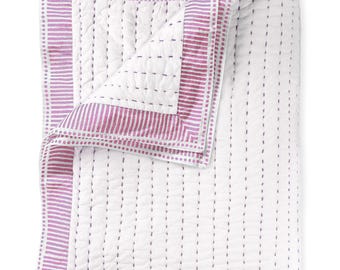 Trapunta Kantha in cotone indiano, copriletto reversibile fatto a mano, biancheria da letto estiva bianca, coperta leggera in cotone boho CKQ#KQ19