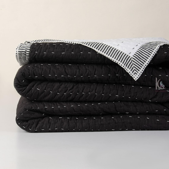 Reversible Solid Black Indian Cotton Kantha Quilt, Lightweight Handstitched Cozy Winter Blanket CKQ#KQ06