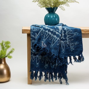 Hand Block Printed Cotton Throw Blanket: Indigo Blue Bird Print
