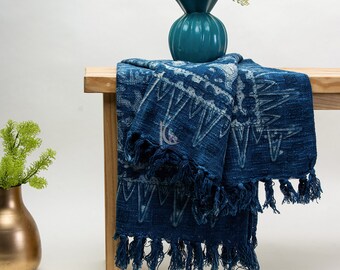Hand Block Printed Cotton Throw Blanket: Indigo Blue Bird Print