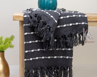 Handwoven Black Cotton Throw Blanket: Ethnic Fringe Textile (70x50 inches)