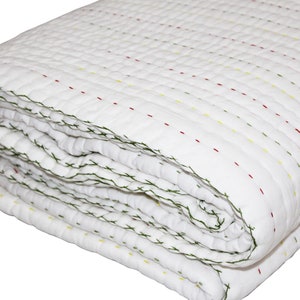 Solid White Multi Color Thread Cotton Kantha Quilt twin hand stitched india soft traditional throw  CKQ#026
