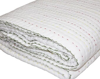 thumbnail image 2 of Handmade White Kantha Quilt – 100% Cotton Throw / Twin Blanket / Indian Gudari Bedspread 2 of 3