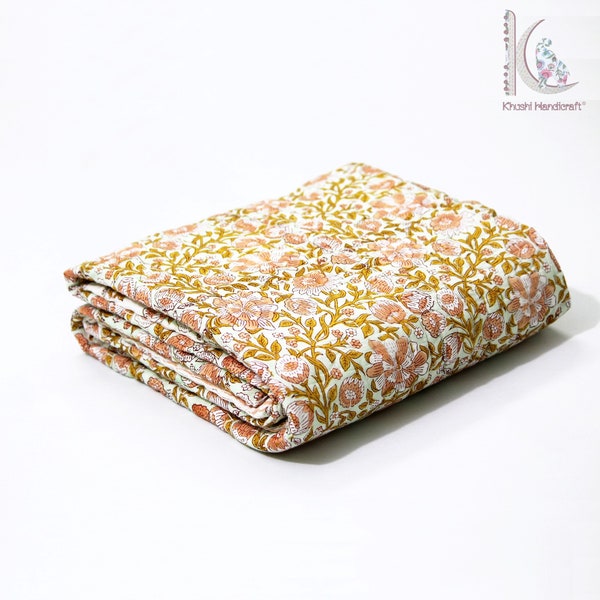 Nieuwe geboren babydeken, handblokprint Kantha babydekbed, Sofy gezellige babydeken, bloemenprint kinderbedquilt, Indiase babydeken CKQ#62