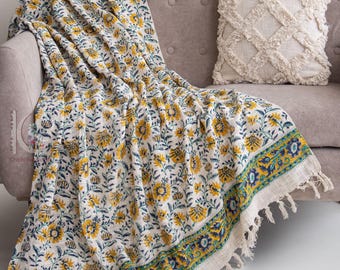 Katoenen plaid met bloemenprint: met de hand bedrukt boho-decor CKQ#TH011