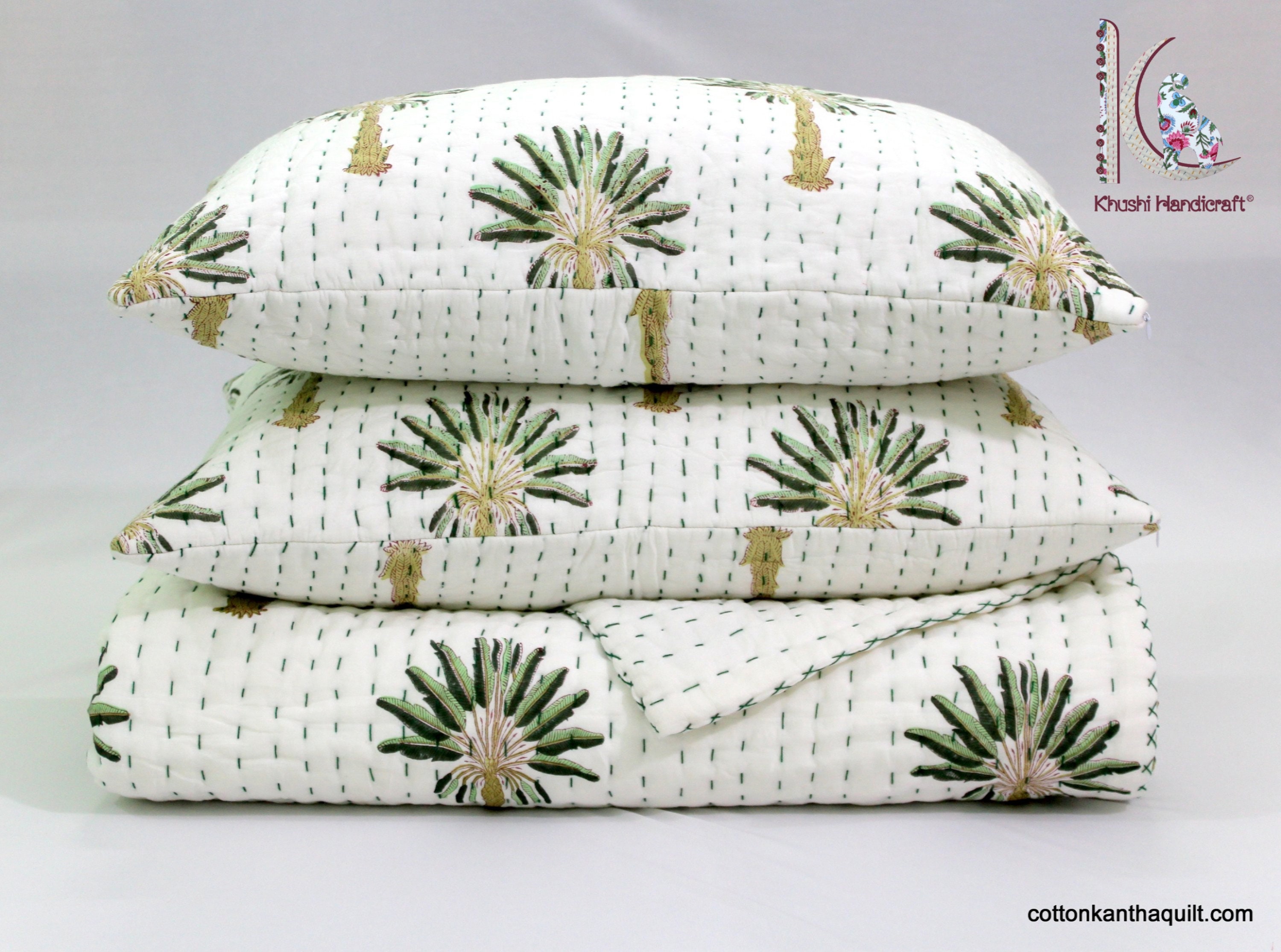Palm Tree Cotton Kantha Quilt Hand Block Printed Bedding Sets Etsy