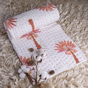 Orange Palm Tree Baby quilt hand-stitched kantha quilt block print muslin blanket  baby throw