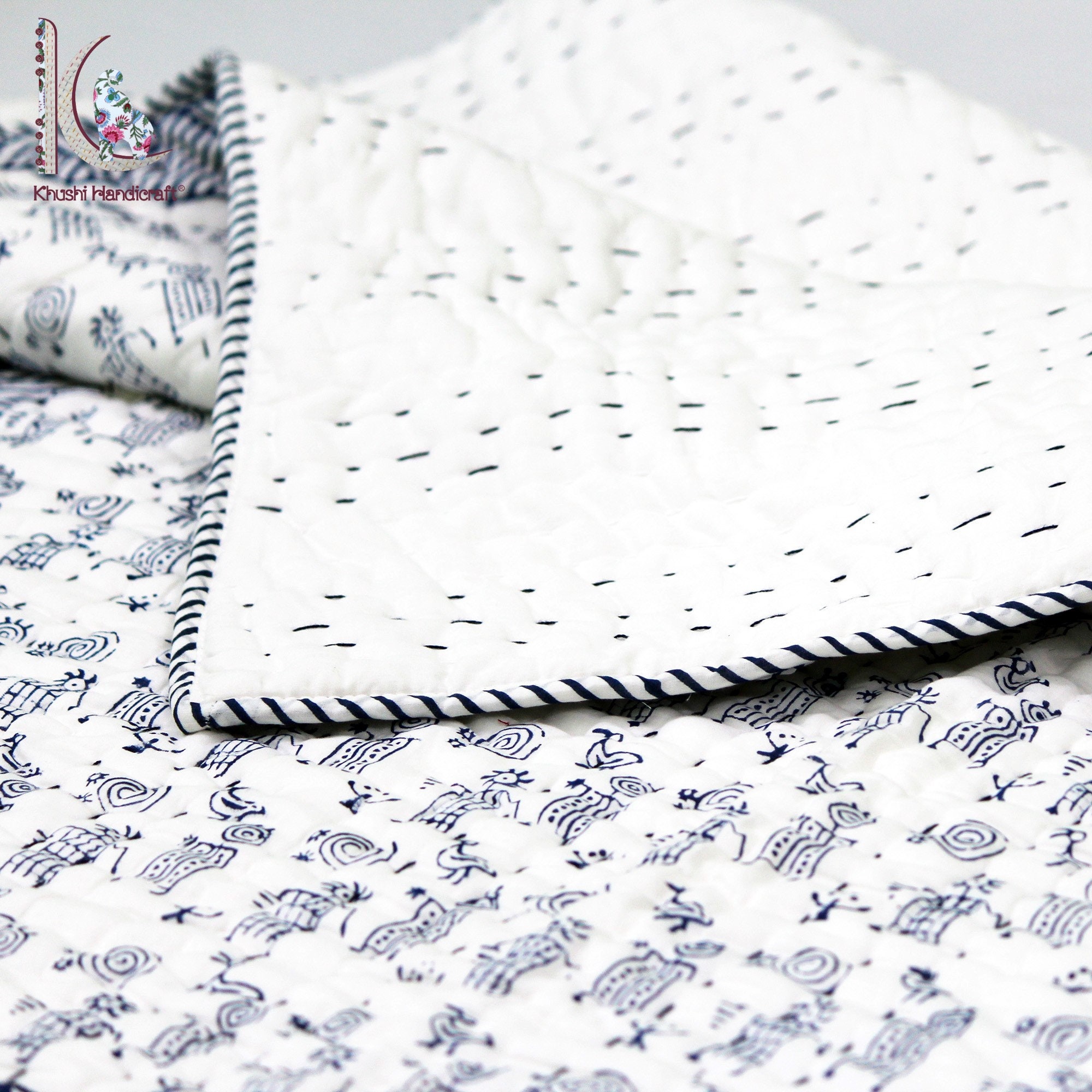 Hand Stitched Baby Blanket Block Print India Cotton Kantha Etsy