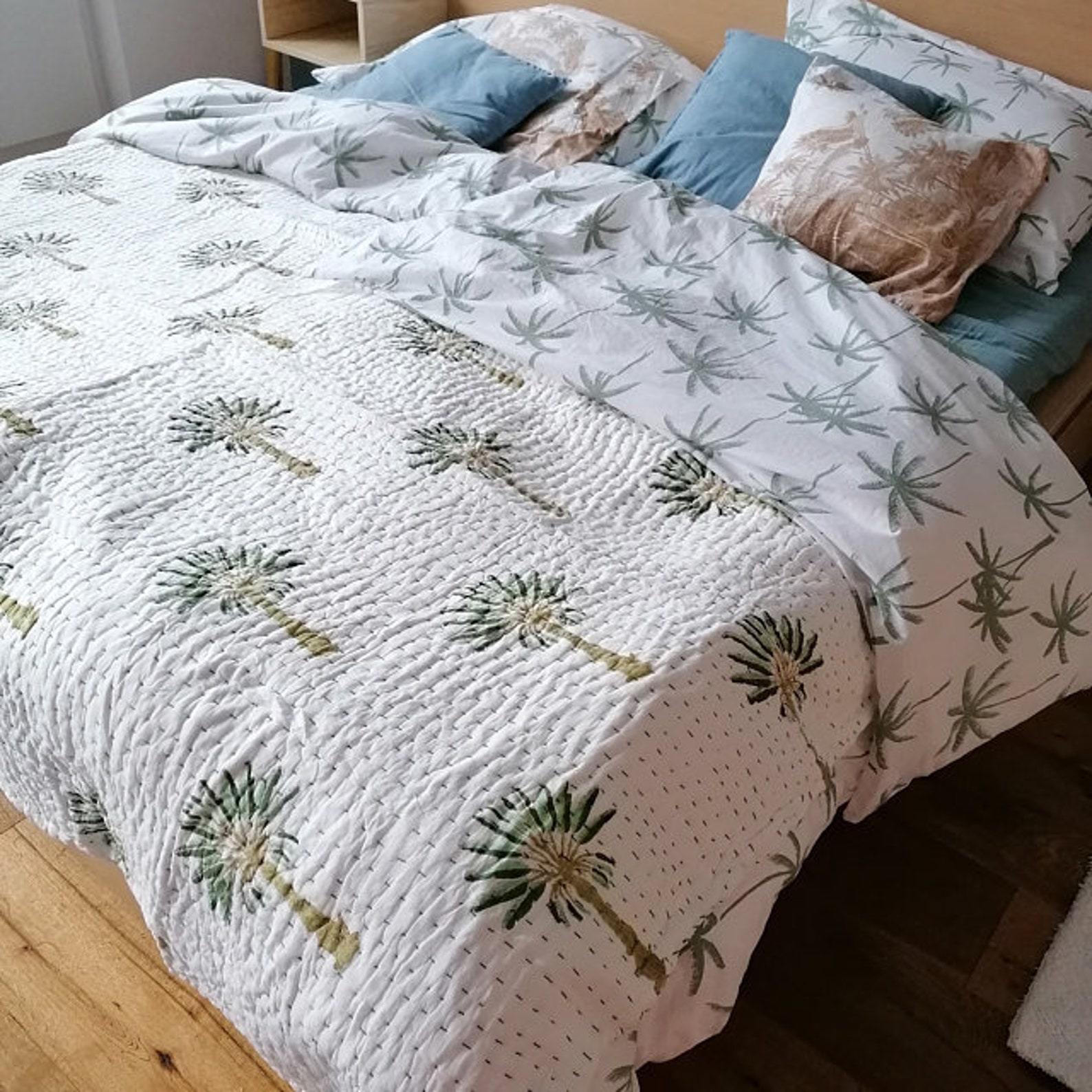 Green Palm Tree Quilt Hand Block Printed Baby Quilt 100 Etsy