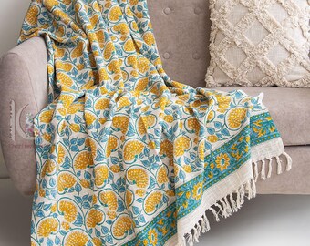 Handbedruckte Decke aus Baumwolle: Boho Wohndekor CKQ#TH010