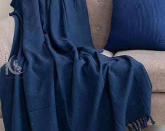 Handwoven Cotton Throw Blanket, Solid Blue Boho Decor, 127x152 cm