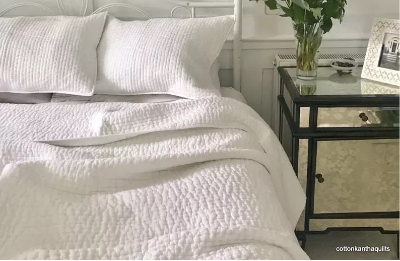 Beautiful white Cotton Kantha Quilt, Indigo Blanket Handmade Quilt, Natural White Kantha Blanket Throw Queen, Twin, Baby bedding Set CKQ#020