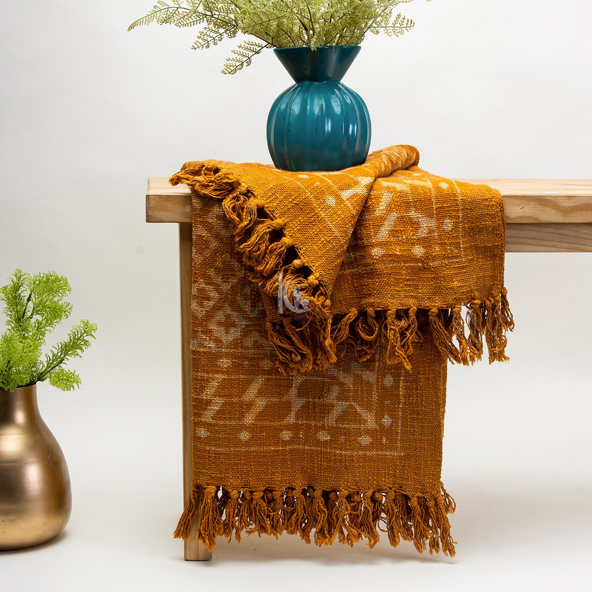 Bohemian Mud Cloth Throw Blanket with Tassels Hand Loomed Hand Block Printed Cotton Sofa Throw for Living Room