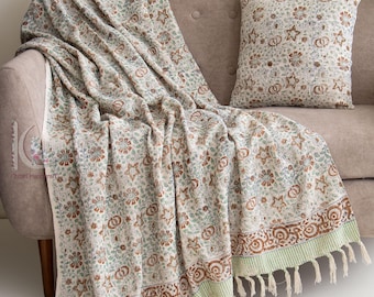 Handblock Gedruckte Baumwoll Decke: Boho Sofa Bezug mit Quasten CKQ#TH07