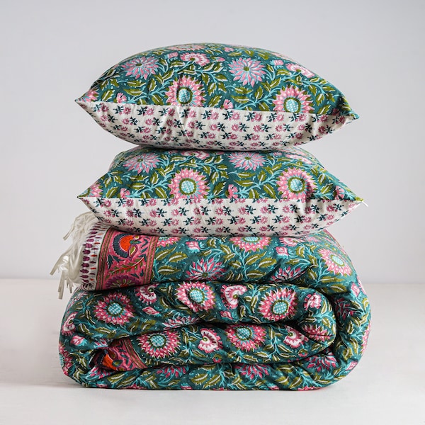 Grün-Rosa-Farbe Handblockdruck-Bettbezug reversibel Baumwolle Quilt-Bezug Deckenbezug Indischer Bettbezug Atmungsaktiver Ganzjahres-Trösterbezug