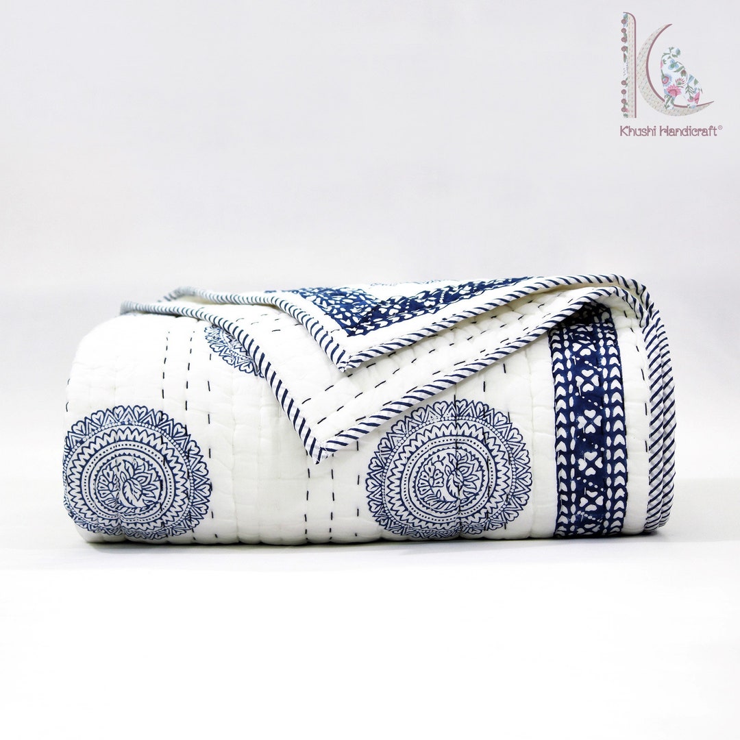 Winter Handmade, Warm Razai Quilt, Kantha Bedspread, Ethnic Hand Block