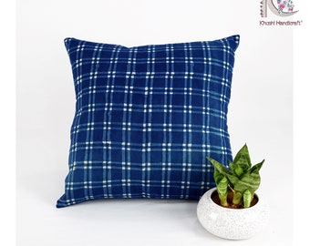 Funda de almohada de algodón índigo con estampado en bloque: cojín teñido a mano INDP#03