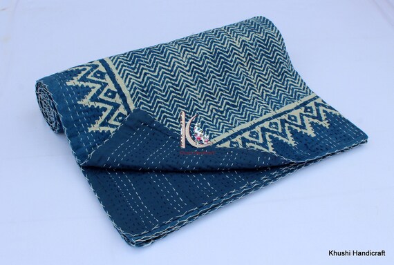 Indigo Blue Hand Block Dabu Print Cotton Kantha Bed Cover Bedspread Quilt Throw