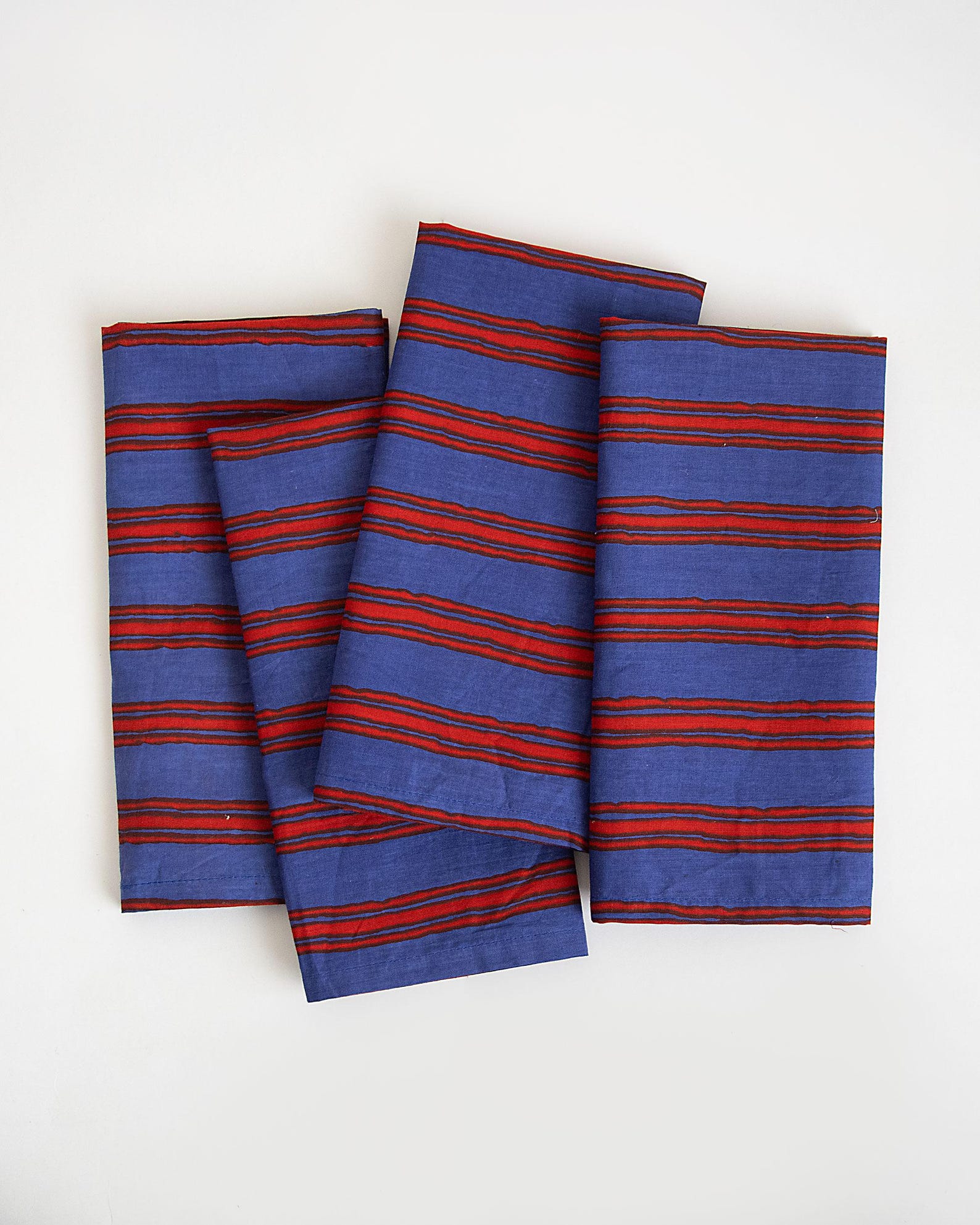 Hand Block Printed Set of Dinner Cotton Cloth Napkin, Red and Blue Striped Reusable Eco-Friendly Table Linens, Rustic Wedding Decor CKQ#CN09 - 14X14"\35X35cm-8pc, Red and Blue