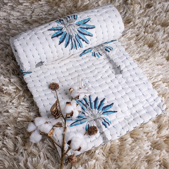Blue palm tree kantha quilted baby blanket Indian crib bedding sets hand block print cotton kantha quilt