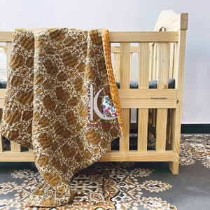 Musted crib bedding handmade soft cotton baby quilt baby cot swaddle, block printed fabric, boho bohemian CKQ#123