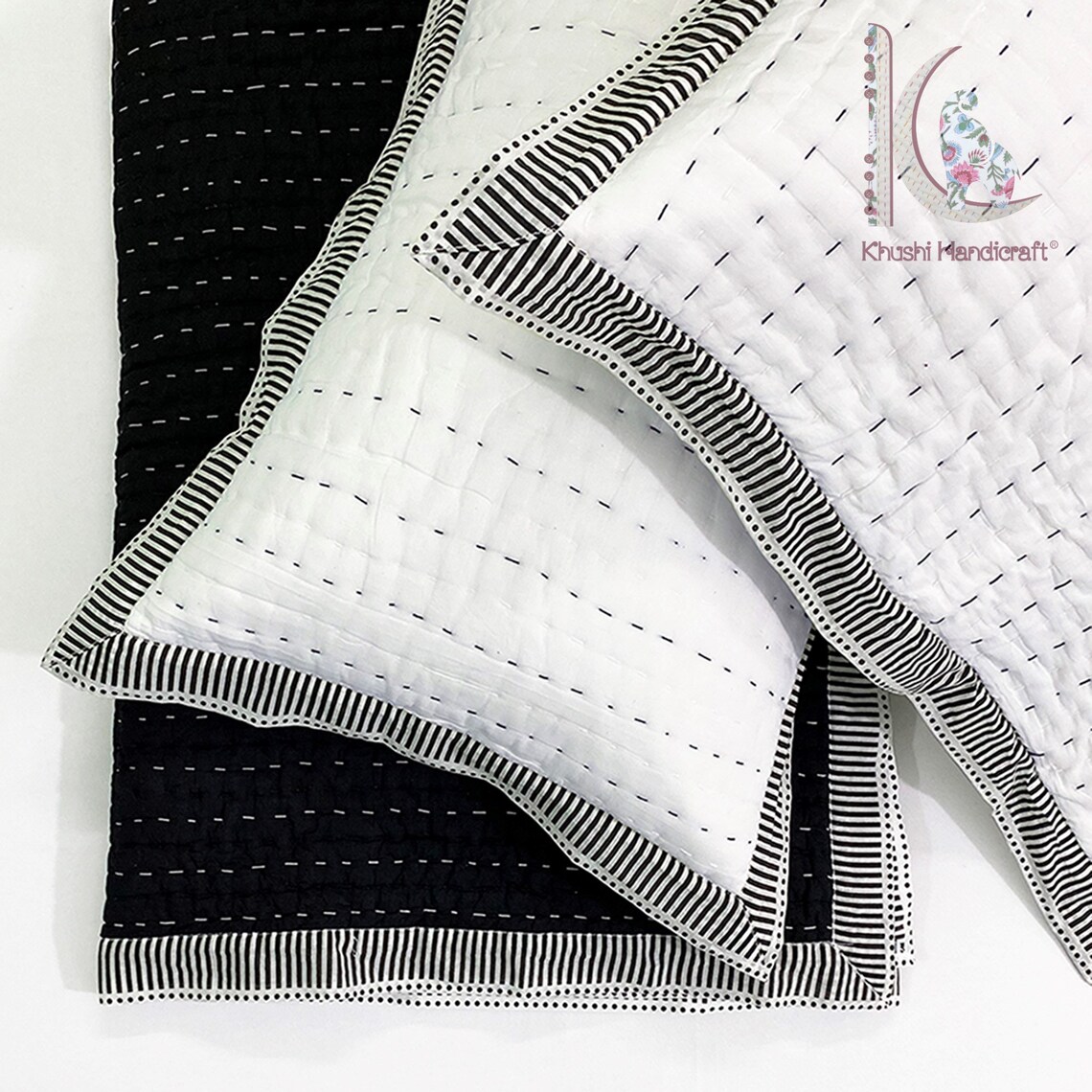 Buy Solid Black White Kantha Quilt Cotton Quilt Handmade Bedding Online