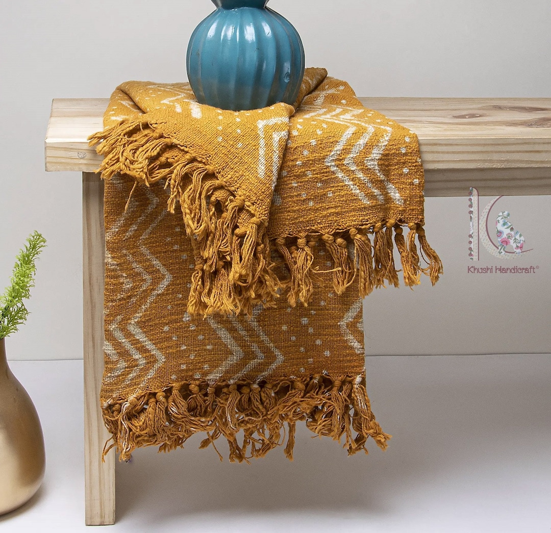Mustard Bohemian Mud Cloth Throw Blanket With Tassels Hand Loomed Block