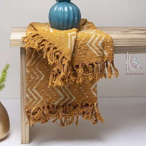 Mustard bohemian Mud Cloth Throw Blanket with Tassels Hand Loomed Block Print Cotton Sofa Throw for Living Room 125X175 Cms