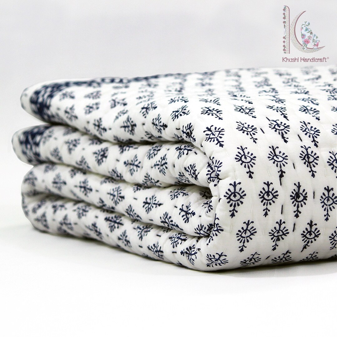 Hand Block Print Cotton Kantha Quilt Bedding Sets Hand Stitched Kantha Quilt Blue Printed Cotton