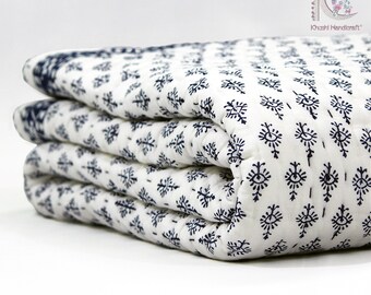 Hand block print cotton kantha quilt Bedding sets hand stitched kantha quilt blue printed Cotton blanket indian kantha blanket modern quilt