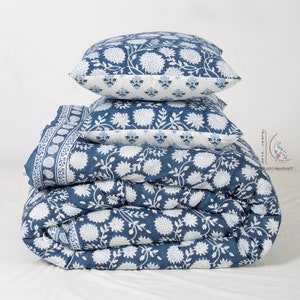 Funda nórdica con estampado floral azul, funda nórdica reversible de algodón con estampado de bloques, funda de manta, edredón indio