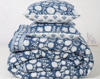 Blue Floral Duvet Cover: Hand Block Print Cotton Quilt Cover, Reversible Comforter Covers