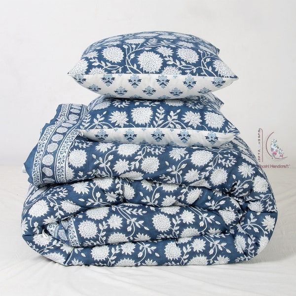 Blue floral print duver cover, block print revarsiable cotton quilt cover, blanket cover, indian duvet