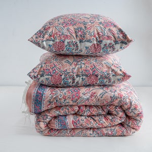 Hand Block Print Cotton Duvet Cover: Pink City Peach Reversible Quilt