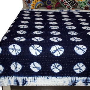 Tie Dye Quilt, Hand Dyed Soft Kantha Quilt, Shibori Print Kantha Blanket, Indigo Blue Natural Vegetable Quilt Throw, Twin Size Quilt CKQ#011