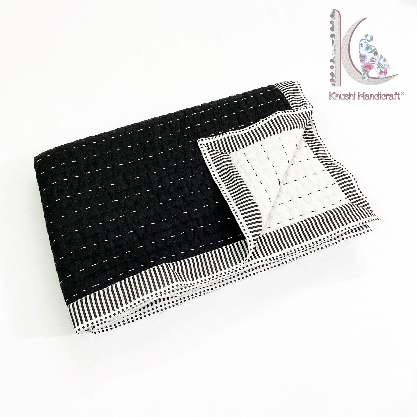 Buy Solid Black White Kantha Quilt Cotton Quilt Handmade Bedding Online