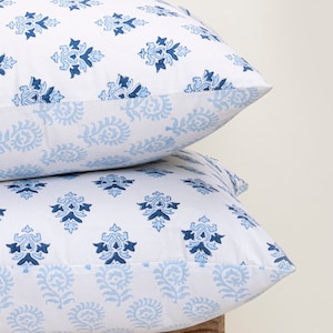 Hand Printed Blue Cotton Pillow Cover: Block Print Cushion (18x18)
