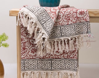 Floral Hand Block Print Cotton Throw: Bohemian Sofa Cover (70x50 inches)