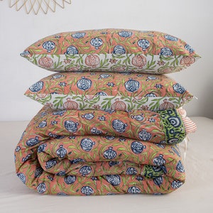 Indian Reversible Duvet Cover Hand Block Printed Cotton Doona Cover, Pomegranate Print Comforter Cover With Pillowcase By Cottonkanthaquilts