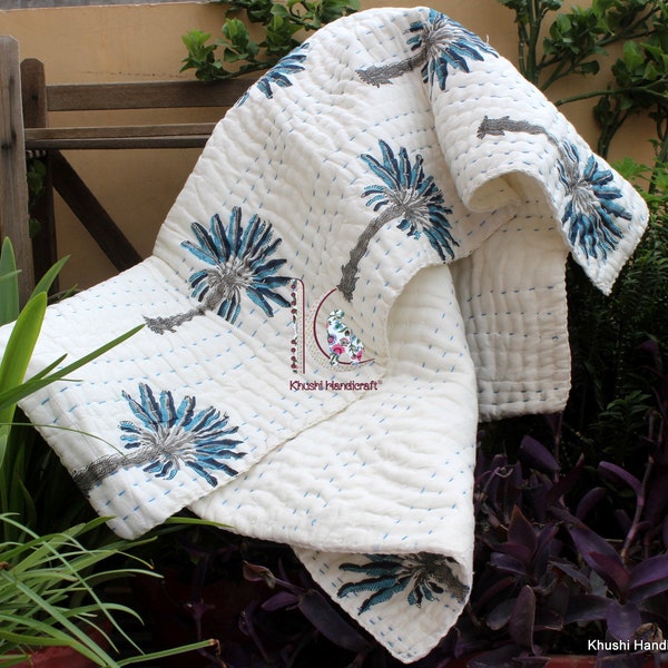 Beautiful Hand Block Printed Kantha Quilt, Palm Tree Baby Quilt, Cotton Kantha Quilt, Indian Quilt, Handmade Quilt, Blanket, CKQ#057
