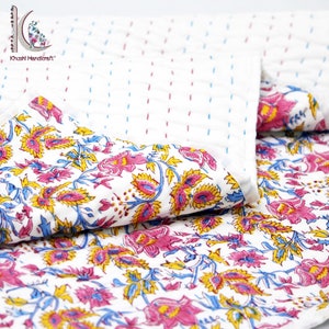 Baby Blanket, Kantha Baby Quilt, Block Printed Floral Print Cotton Baby Quilt, Natural Vegetable Color Nursery Blanket, Crib Bedding CKQ58 image 6