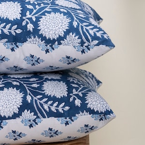 Blue Floral Pillow Cover: Hand Block Printed Cotton, Farmhouse Cushion