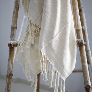 Handmade Boho Cotton Throw Blanket: Ivory Tassel, Hand Loomed CT#02