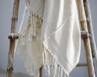 Boho Hand Loomed Cotton Throw 100% Cotton Soft Tassel Blanket Ivory Handmade Bedding Housewarming Gift Sofa Throw Cover 120x170 Cms CT#02