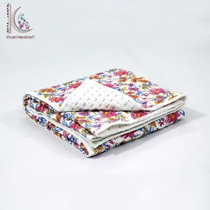 Floral printed baby blanket, natural color printed India soft cotton hand stitched baby quilt, baby wrap, baby swaddle, crib bedding sets.