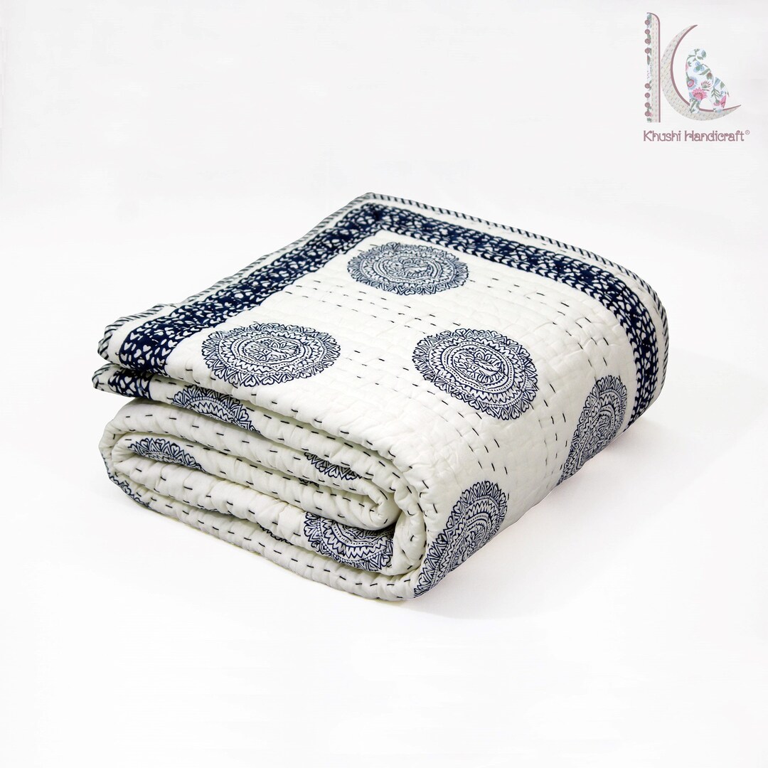 Winter Warm Razai Quilt, Kantha Bedspread, Ethnic Hand Block Print